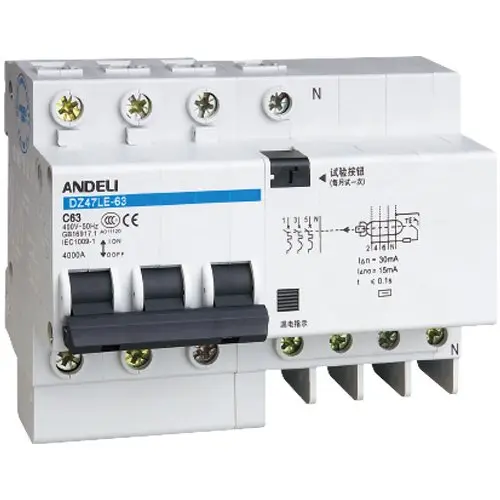 Автомат дифференциальный DZ47LE-63 4P 63A 30mA тип AC х-ка С
