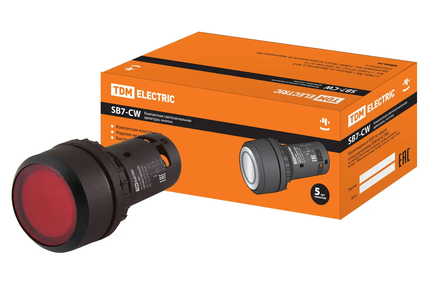 Кнопка SB7-CW3462-220V(LED) d22мм, 1р красная