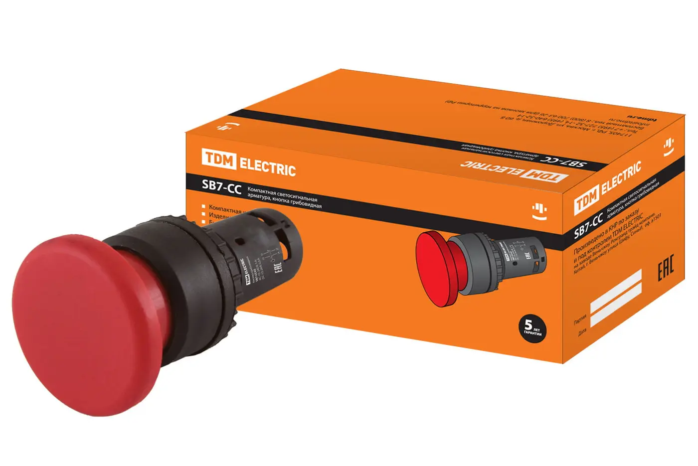 Кнопка грибовидная SB7-CC45 d35мм 1з+1р красная