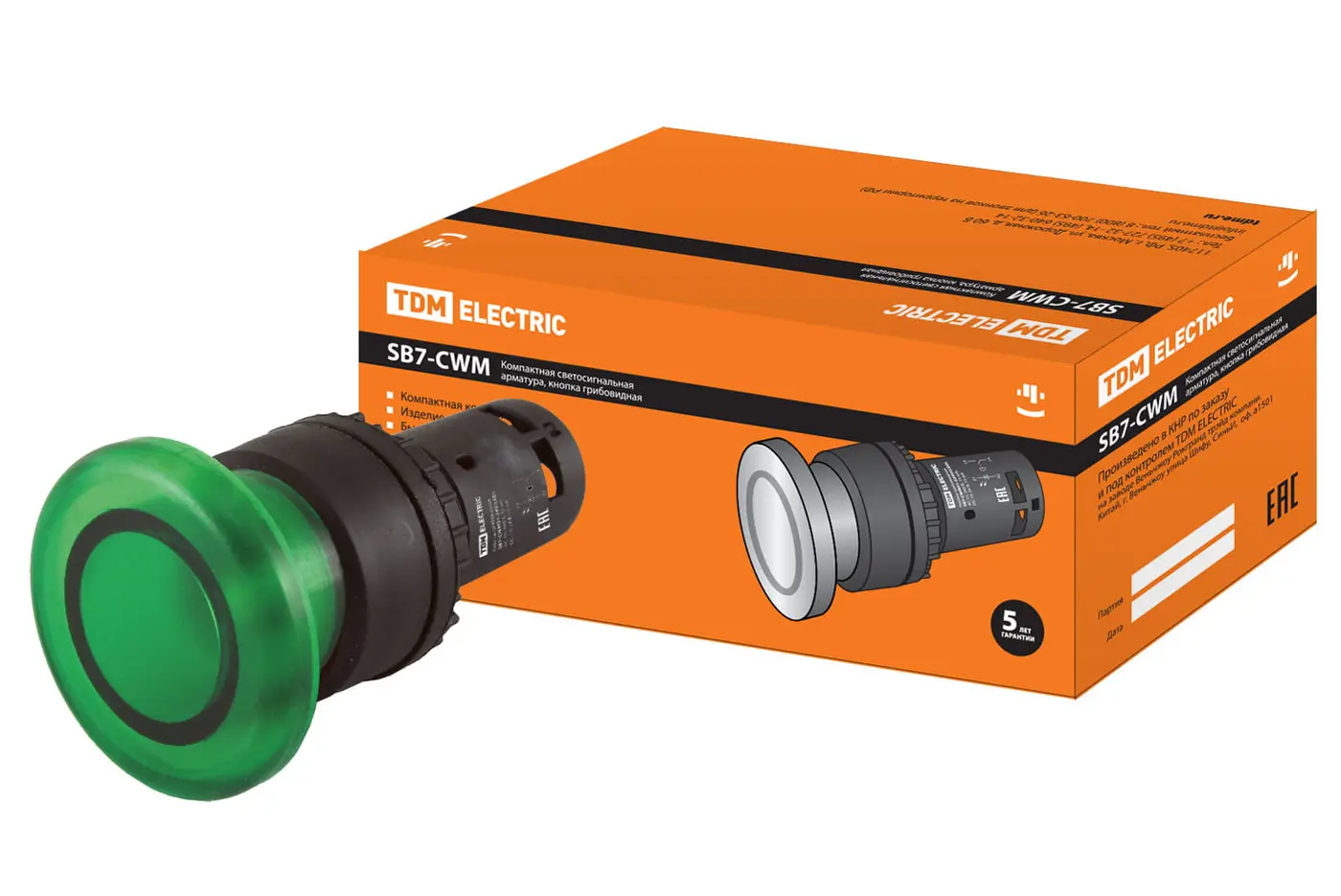 Кнопка грибовидная SB7-CWM31-24V(LED) d35мм 1з зеленая