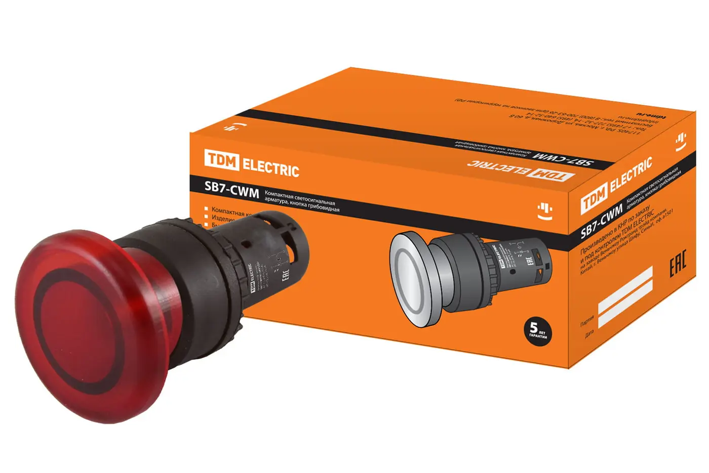 Кнопка грибовидная SB7-CWM42-24V(LED) d35мм 1р красная