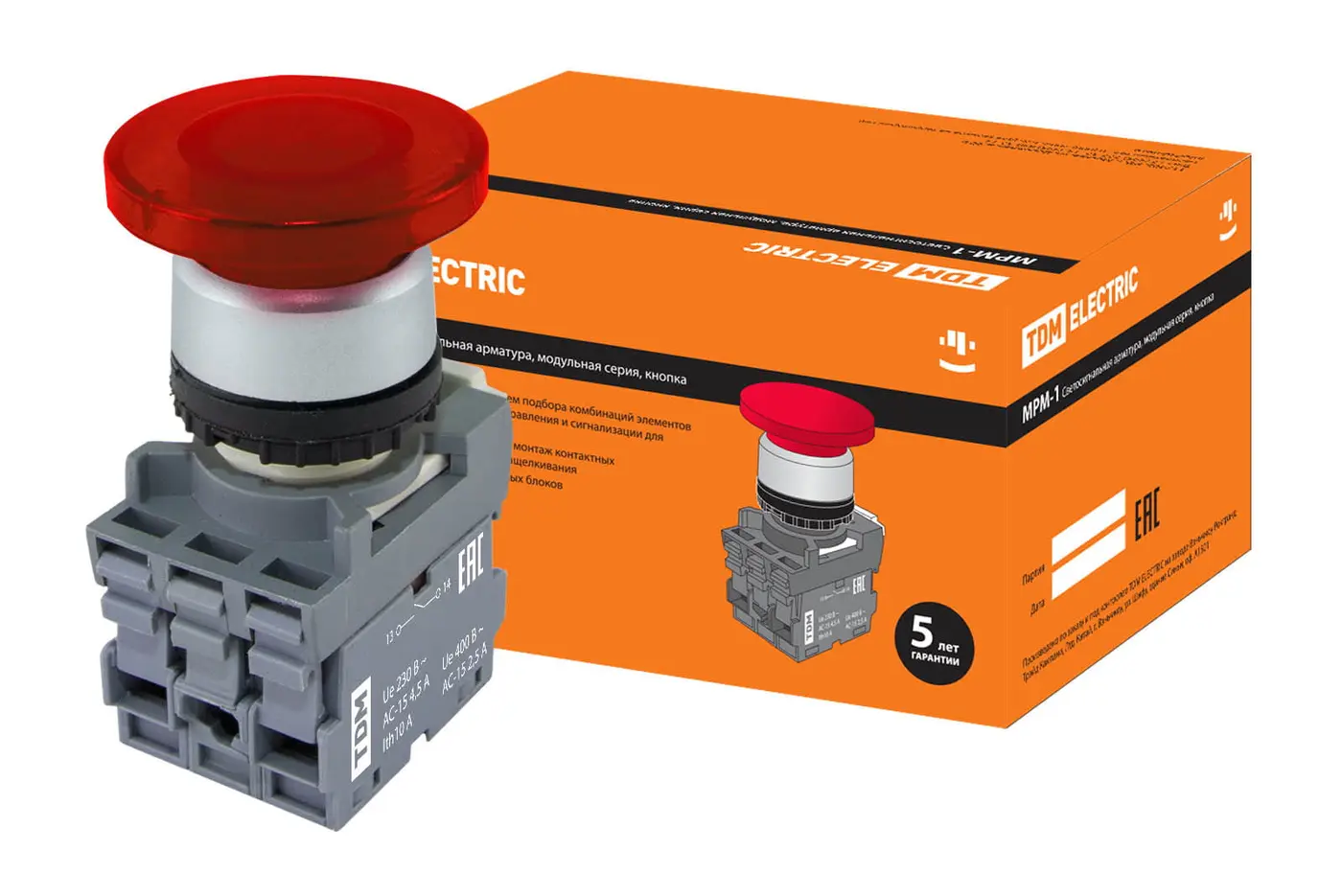 Кнопка грибовидная МРМ1-11R(LED) в сборе d40мм/220B 1з+1р красная
