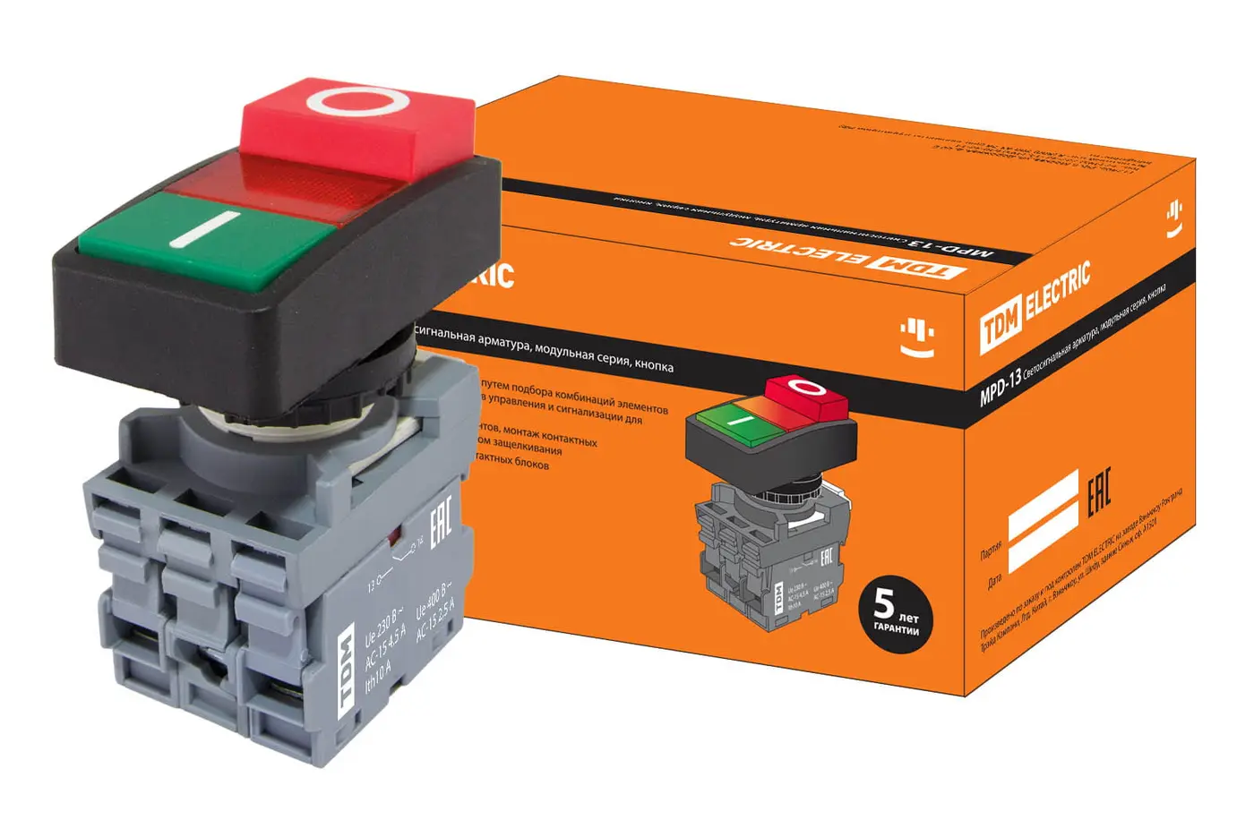 Кнопка двойная MPD13-11R (зеленая/красная-выступающая) (LED) d22мм/24В (I/O) линза красная