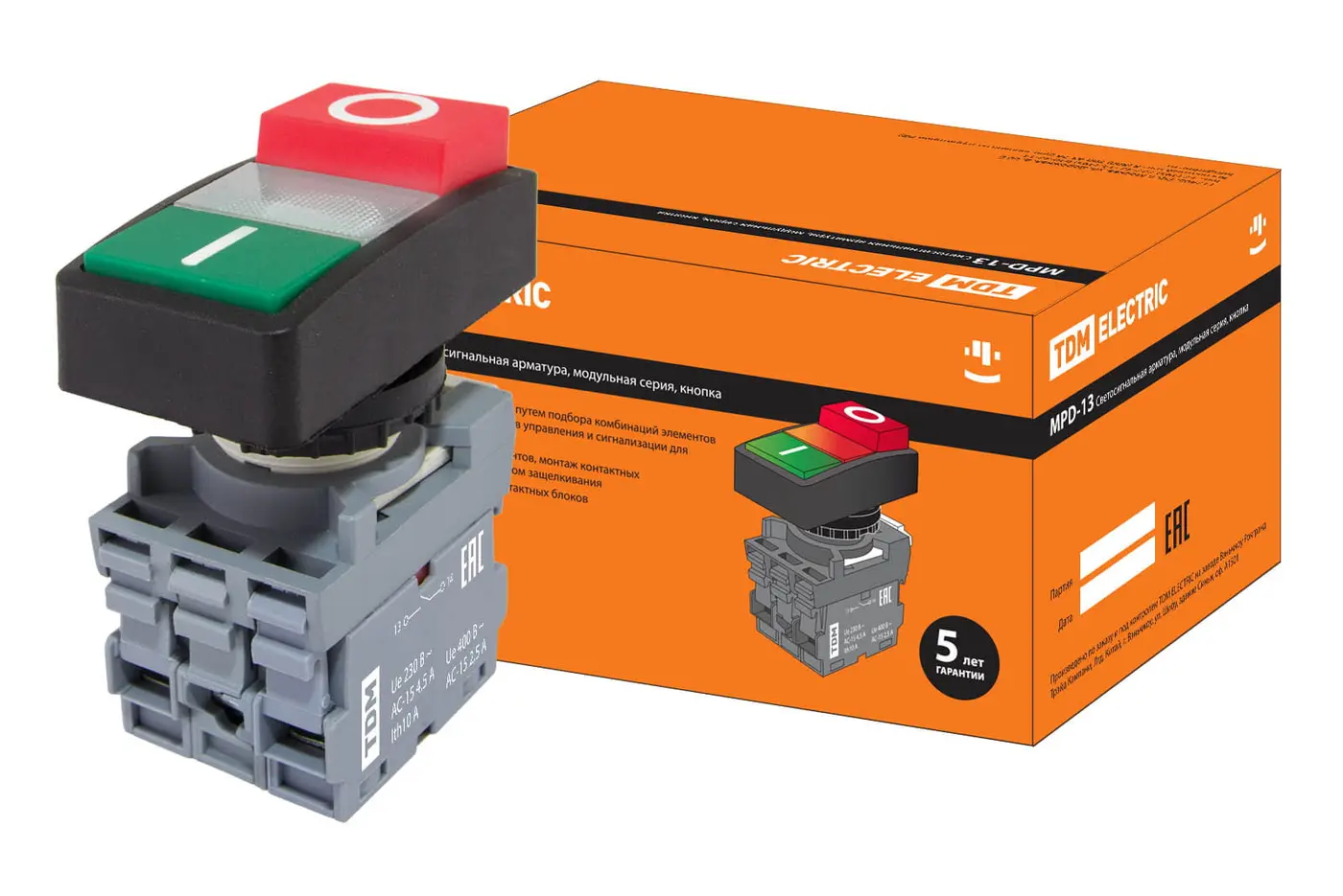 Кнопка двойная MPD13-11С (зеленая/красная-выступающая) (LED) d22мм/24В (I/O) линза прозрачная