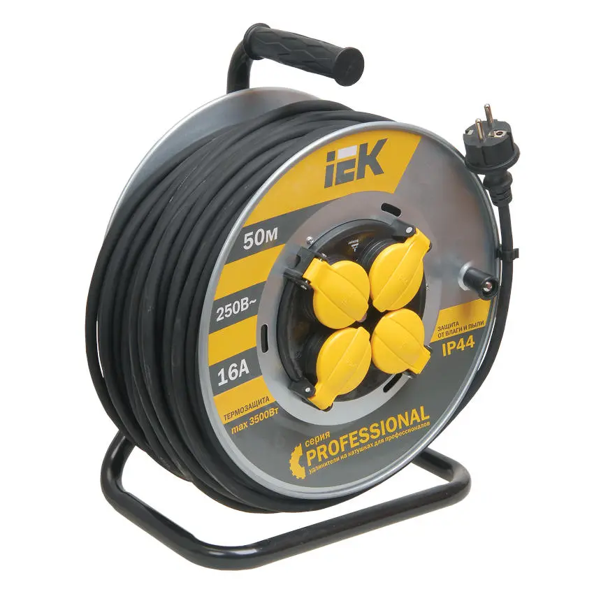 Катушка УК50 с термозащитой на 4 места 2P+PE/50м КГ 3х1,5мм2 IP44 PROFESSIONAL IEK